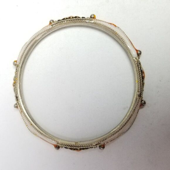 Vintage Orange and White Enamel Bangle Bracelet, Silver Tone Metal, Estate - Picture 3 of 6